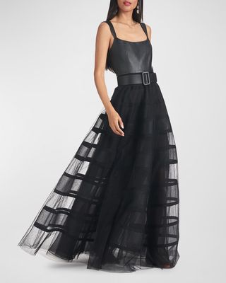 Veruca Sleeveless Faux Leather & Organza Gown