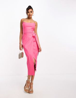 Vesper bandeau tie side tulip skirt midi dress in coral pink