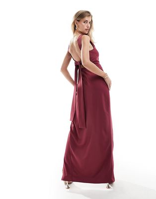 Vesper bow back thigh split maxi dress in burgundy-Red