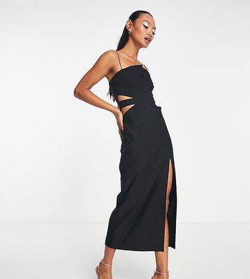 Vesper cami strap cut-out waist midi dress with thigh slit in black