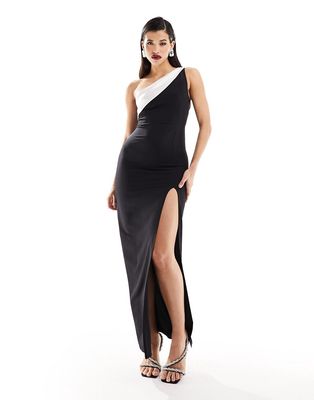 Vesper monochrome contrast satin thigh split maxi dress in black