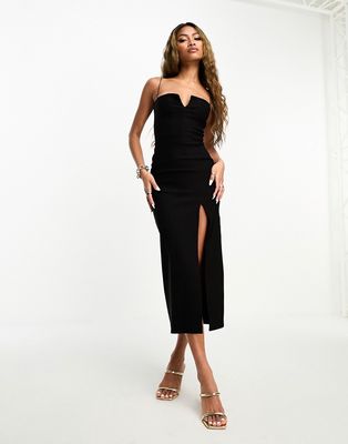 Vesper notch detail cami strap thigh split midi dress in black
