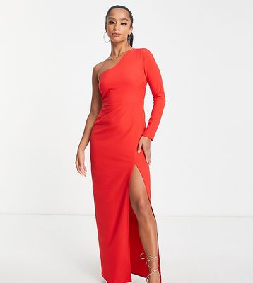 Vesper Petite one shoulder maxi dress with thigh slit in red