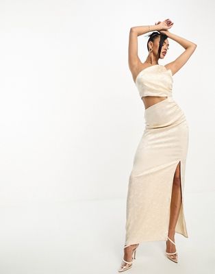 Vesper satin one shoulder cut out maxi dress in cream jacquard-White