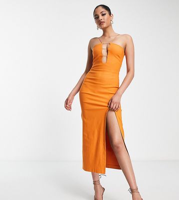 Vesper strappy plunge front midaxi dress with thigh split in burnt orange