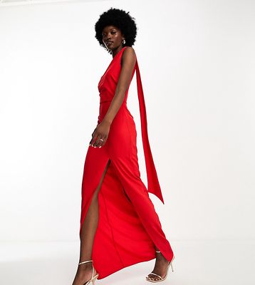 Vesper Tall scarf detail thigh split maxi dress in red