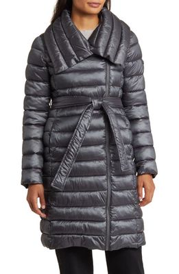 Via Spiga Asymmetric Belted Puffer Coat in Steel 