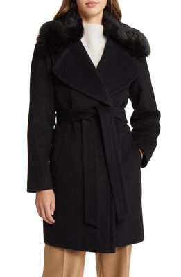 Via Spiga Belted Wool Blend Wrap Coat with Faux Fur Hood in Black