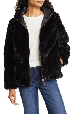 Via Spiga Reversible Hooded Faux Fur Jacket in Black