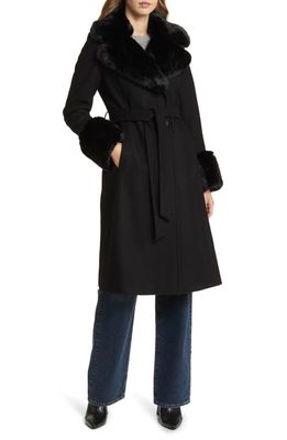 Via Spiga Wool Blend Belted Coat with Faux Fur Trim in Black