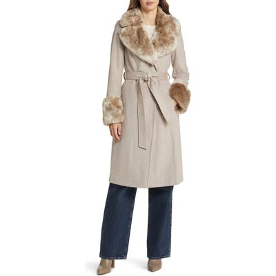 Via Spiga Wool Blend Belted Coat with Faux Fur Trim in Bone 