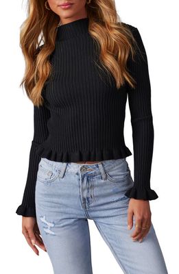VICI Collection Bevelle Rib Ruffle Accent Mock Neck Sweater in Black