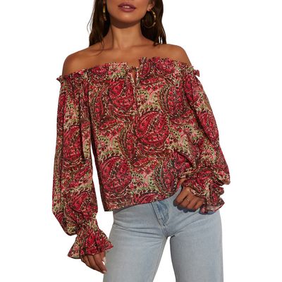 VICI Collection Brinley Print Off the Shoulder Top in Pomegranate 