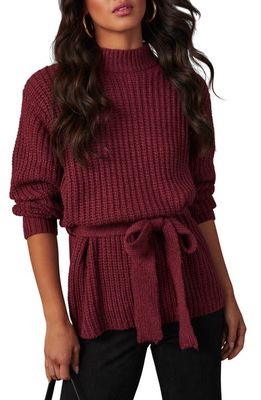 VICI Collection Wixson Rib Belted Mock Neck Sweater in Wine
