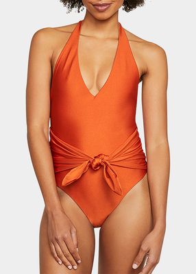 Vickerie Shimmery One-Piece Belted Swimsuit