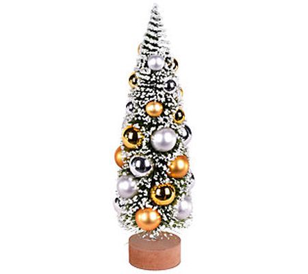 Vickerman 12" Frosted Green Tree w/ G old, Silv er Orn