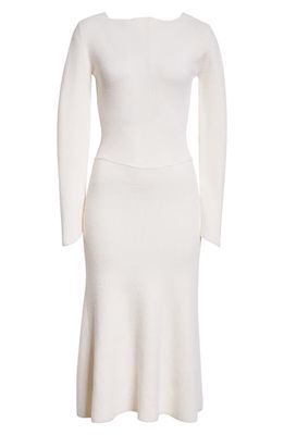 Victoria Beckham Circle Long Sleeve Wool Blend Rib Sweater Dress in White