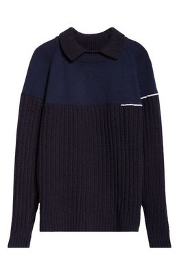 Victoria Beckham Collared Lambswool Mixed Stitch Sweater in Navy