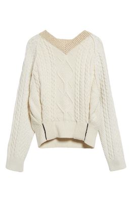 Victoria Beckham Contrast V-Neck Cable Stitch Lambswool Sweater in Natural