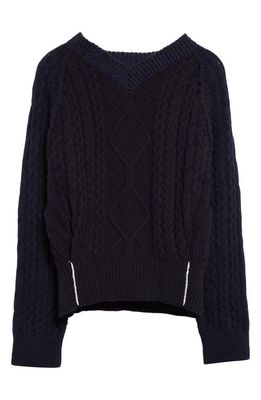 Victoria Beckham Contrast V-Neck Cable Stitch Lambswool Sweater in Navy
