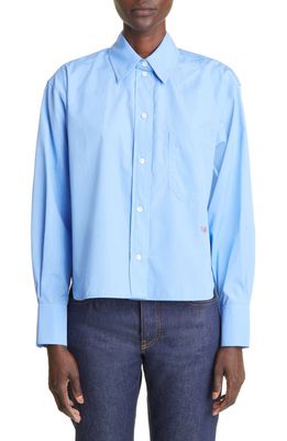 Victoria Beckham Crop Button-Up Poplin Shirt in Oxford Blue