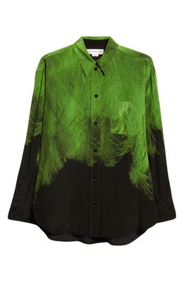Victoria Beckham Feather Print Cuff Detail Silk Shirt in A/O Feather - Green/Black