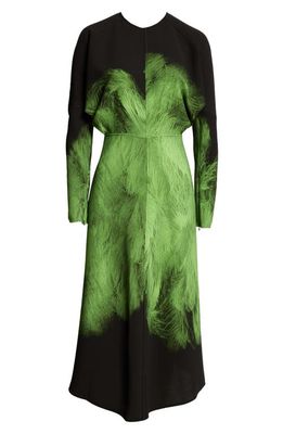 Victoria Beckham Feather Print Long Sleeve Midi Dress in A/O Feather - Green/Black