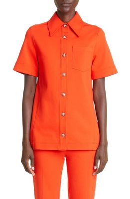 Victoria Beckham Fitted Button-Up Ponte Knit Short Sleeve Shirt in Orange