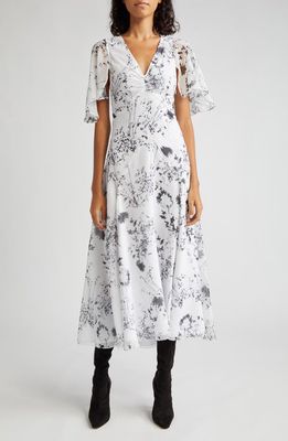 Victoria Beckham Floaty Floral Print Godet Midi Dress in Floral Negative - White/Black