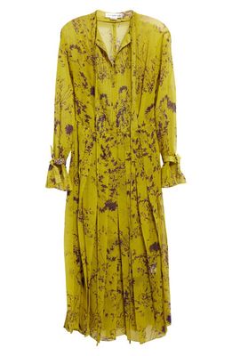 Victoria Beckham Floral Long Sleeve Pleated Georgette Dress in Yellow Ochre/Violet