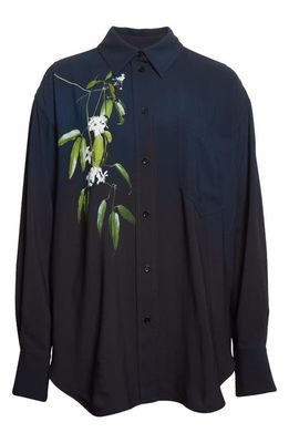 Victoria Beckham Floral Print Crepe Button-Up Shirt in Navy Black Ombre