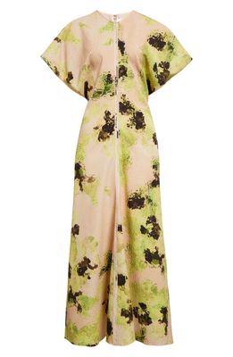 Victoria Beckham Floral Print Drape Shoulder Cloqué Dress in Peach/Lime
