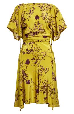 Victoria Beckham Floral Print Draped Sleeve Silk Dress in Yellow Ochre/Violet