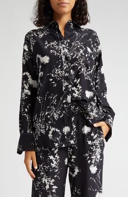 Victoria Beckham Floral Print Oversize Silk Pajama Shirt in Floral Negative - Black/White