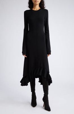 Victoria Beckham Flounce Hem Asymmetric Long Sleeve Knit Dress in Black