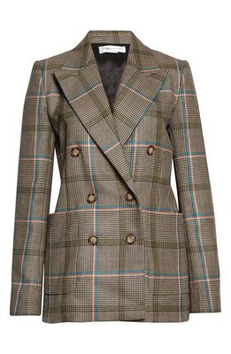 Victoria Beckham Glen Plaid Double Breasted Wool Blazer in Turquoise/Olive