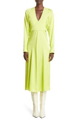 Victoria Beckham Long Sleeve Satin Wrap Midi Dress in Lime