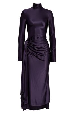 Victoria Beckham Mock Neck Long Sleeve Cascade Detail High-Low Satin Dress in Blackberry