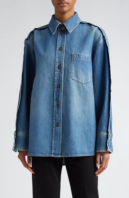 Victoria Beckham Oversize Pleated Cotton Denim Button-Up Shirt in Vintage Wash Mid