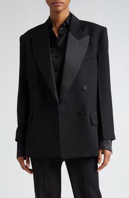 Victoria Beckham Satin Lapel Double Breasted Tuxedo Jacket in Black