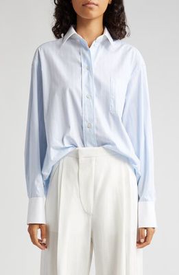 Victoria Beckham Stripe Oversize Organic Cotton Boyfriend Shirt in Sky Blue/White
