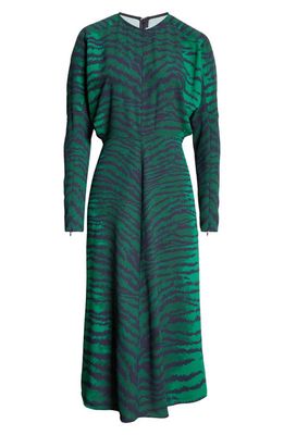 Victoria Beckham Tiger Print Long Sleeve Midi Dress in Tiger Allover - Green/Navy