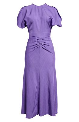Victoria Beckham Tulip Sleeve Gathered Waist Dress in Violet