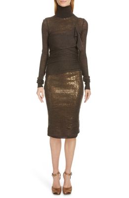 Victoria Beckham Two-Piece Sequin Sheath & Long Sleeve Sheer Overlay Dress in Brown/Gold