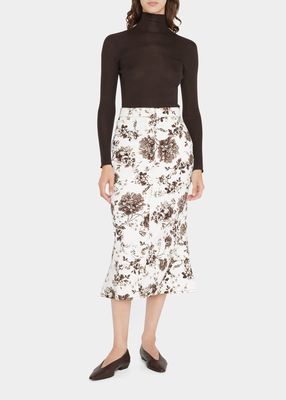 Victorine Floral-Print Denim Fluted Midi Skirt