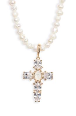 VIDAKUSH Virgin Mary Cross Pearl Necklace in Gold