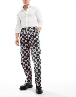 Viggo checkerboard print suit pants in green-Navy