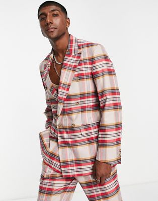 Viggo valle relaxed double breast suit blazer in beige and red check-Neutral