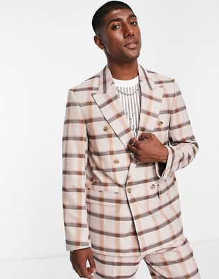 Viggo Valle relaxed double breast suit jacket in beige and brown check-Neutral