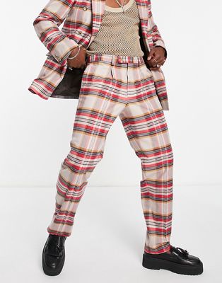 Viggo valle relaxed wide suit pants in beige and red check-Neutral